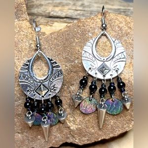 Silver tear drop charm with obsidian gem beads dangle earrings